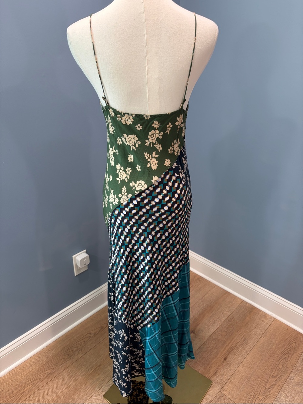 Anthropologie Kachel Patchwork 100% Silk Bias Cut Maxi Dress Green Blue Floral - Picture 5 of 8